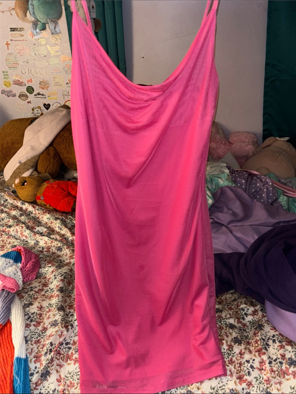 Forever 21 Hot Pink Cowl Neck Midi Slip Dress